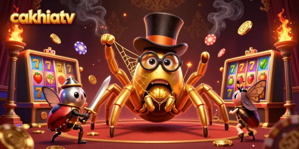 Cakhiatv showcases an exciting scene with a golden tarantula, beetle knight, and vibrant casino elements.