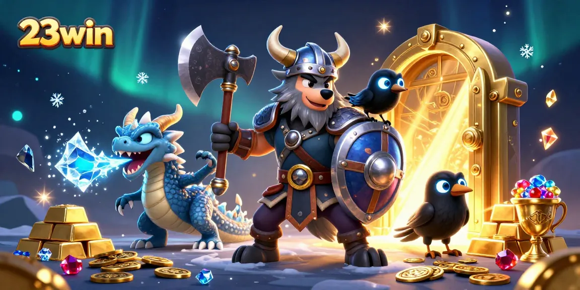 Engage with 23win's exciting casino experience featuring a Viking wolf warrior, dragon, and riches.