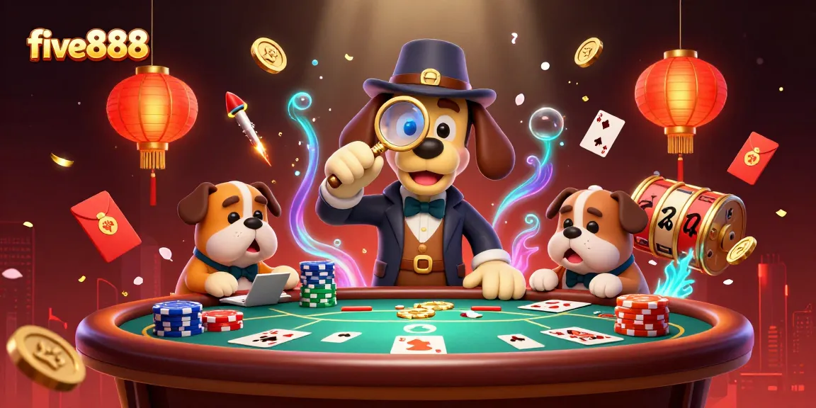 Experience the excitement of five888 with a lively 3D casino scene depicting poker and roulette elements.