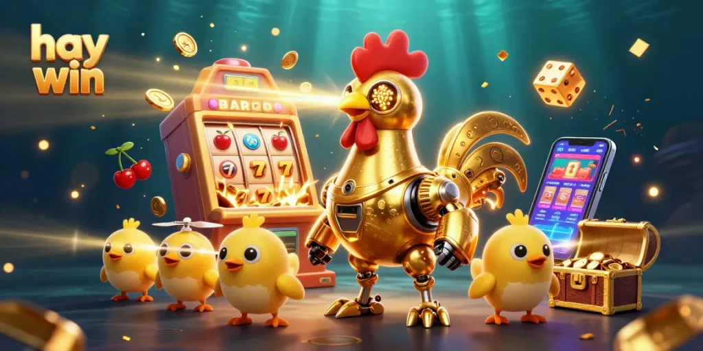Engage with thrilling slots and jackpots at Hay Win, featuring vibrant casino elements and dynamic characters.