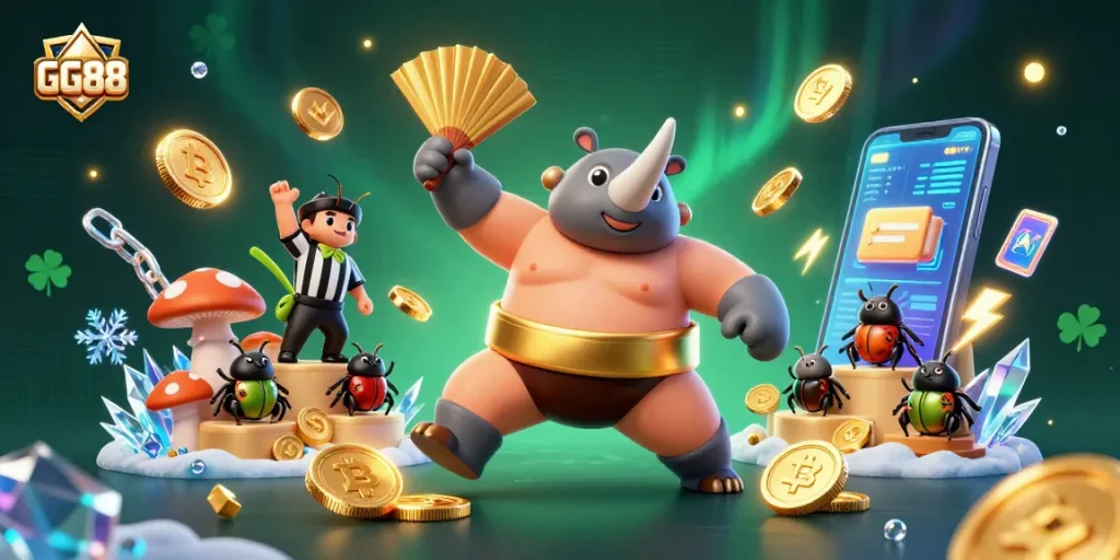 Engage in the GG88 gaming ecosystem with a dynamic 3D casino illustration featuring vibrant characters and crypto elements.