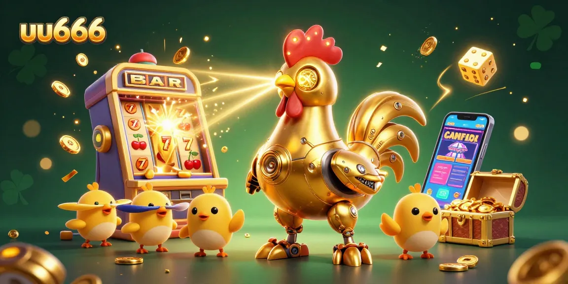 Spin the reels at uu666 with a golden rooster robot and jackpot symbols bursting with excitement