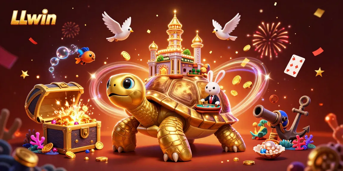 Experience thrilling moments with LLwin's vibrant 3D casino scene featuring a golden tortoise and rabbit dealer.