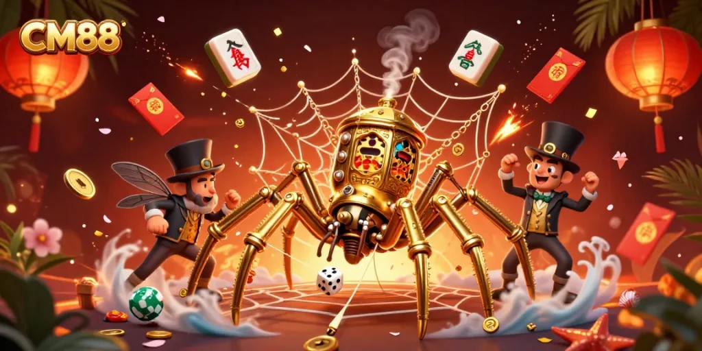 Experience thrilling bets at CM88 with a steampunk theme illustration featuring intricate casino elements.