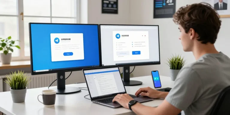 Developer applying Telegram Chinese language pack in a modern workspace.