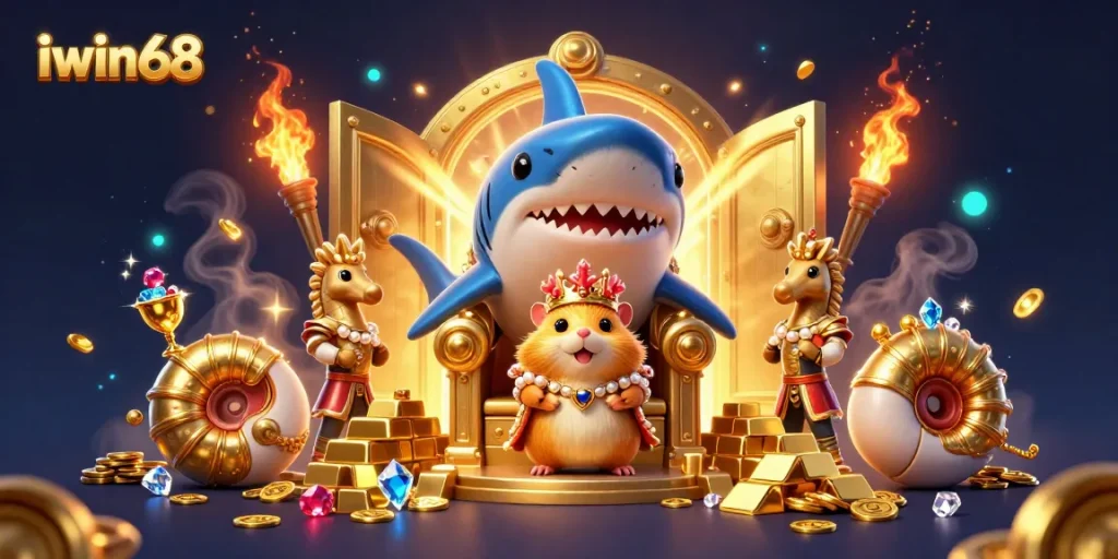 Join the iwin68 gaming adventure with vibrant treasures and regal characters in this lively online casino scene.