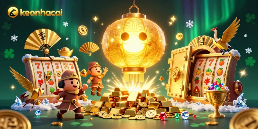 Engage with keonhacai in a vibrant casino scene featuring golden lanterns and slot symbols.
