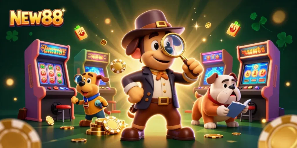 Experience thrilling moments at NEW88 with cartoon detective characters uncovering gaming treasures.