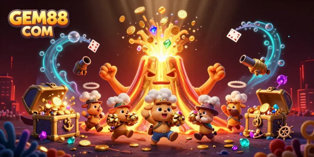 Experience the thrill of GEM88 COM with a golden volcano and treasure in a vibrant casino scene.