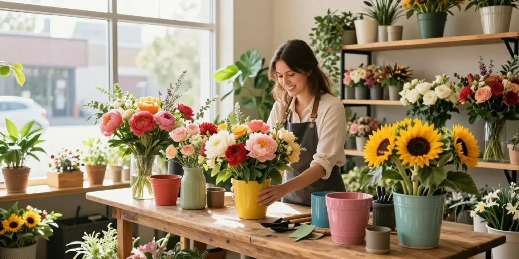 Florist Edmonton NW arranging colourful flower bouquets in a charming shop.