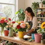 Florist Edmonton NW arranging colourful flower bouquets in a charming shop.
