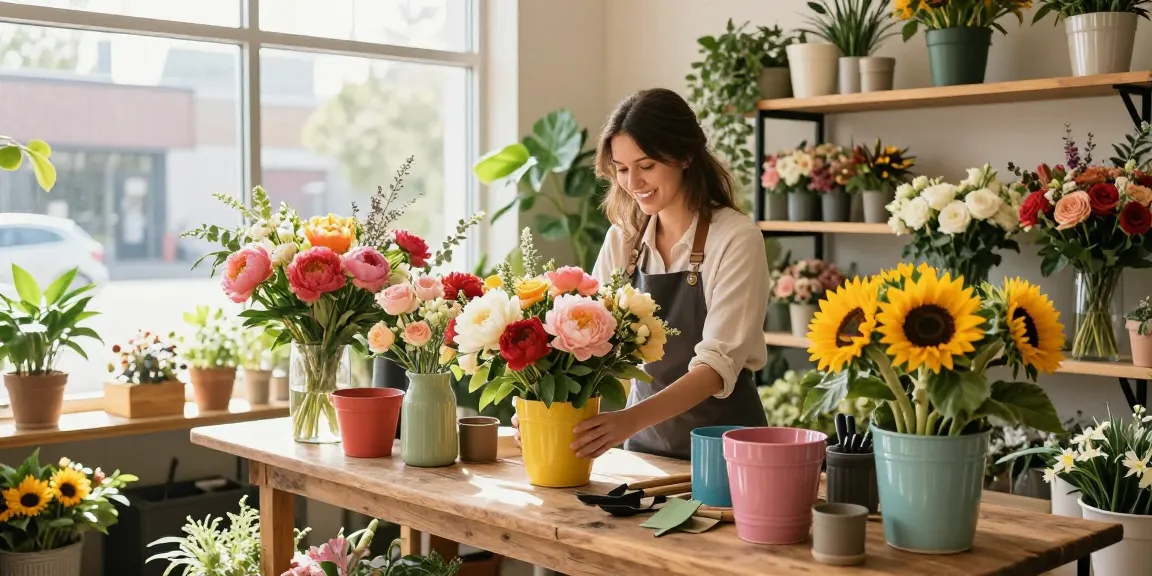 Florist Edmonton NW arranging colourful flower bouquets in a charming shop.