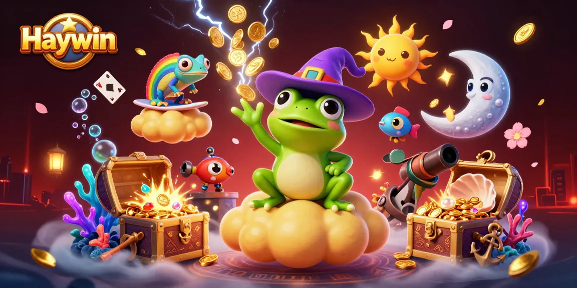 Experience Haywin's vibrant gaming world with a 3D wizard frog, chameleon, and treasure elements.