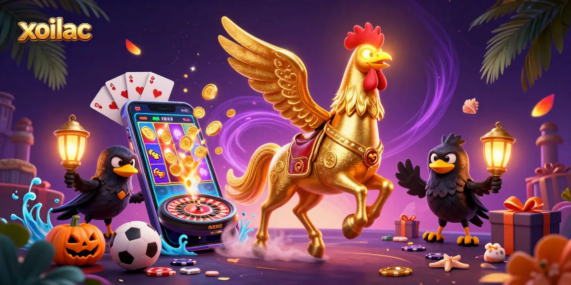 Xoilac offers a thrilling view of live sports betting with an engaging and vivid illustration of casino elements.