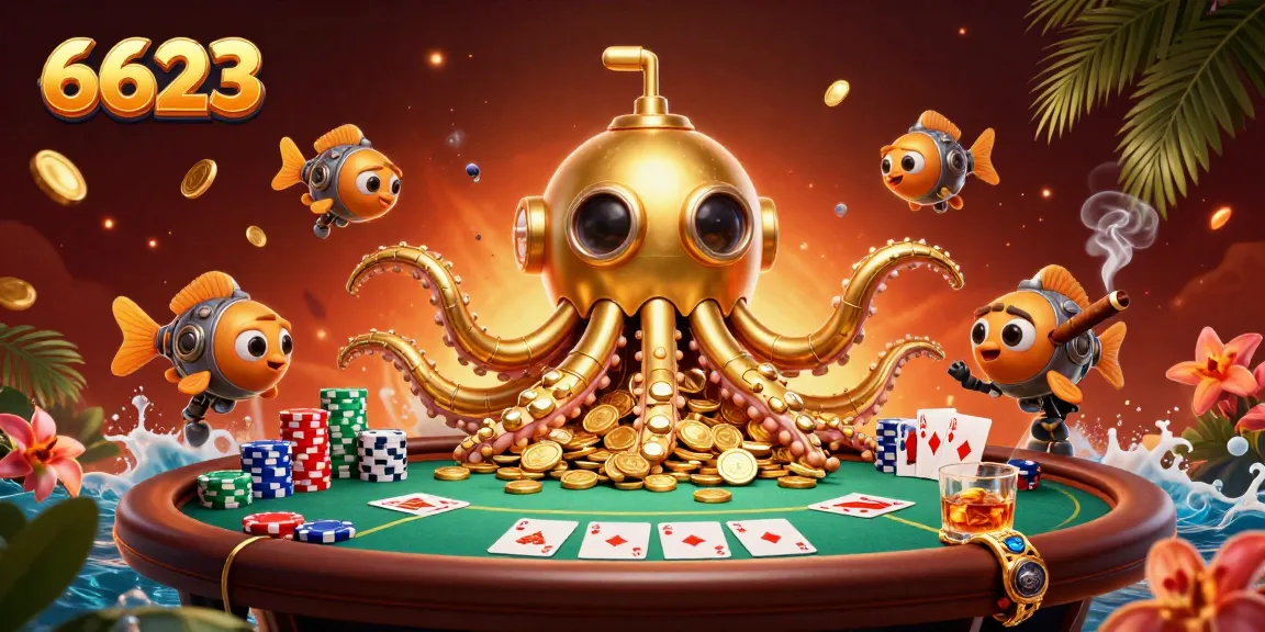 Play and win in 6623’s vibrant casino world, where golden kraken and poker action meet.