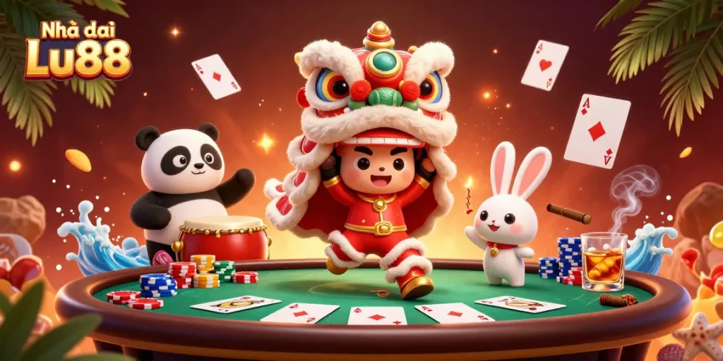 Experience thrilling gameplay at Nhà cái Lu88 with vibrant characters in a festive casino atmosphere.