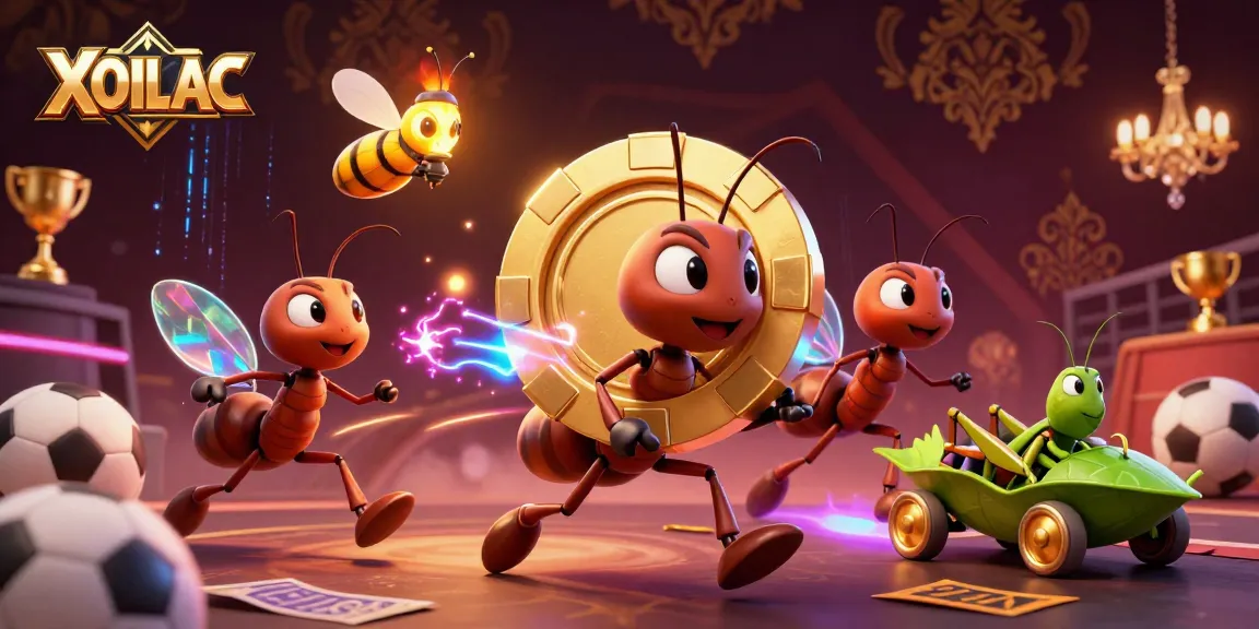 Experience thrilling sports betting action with XOILAC as cartoon ants navigate a heist surrounded by trophies and stadium elements.