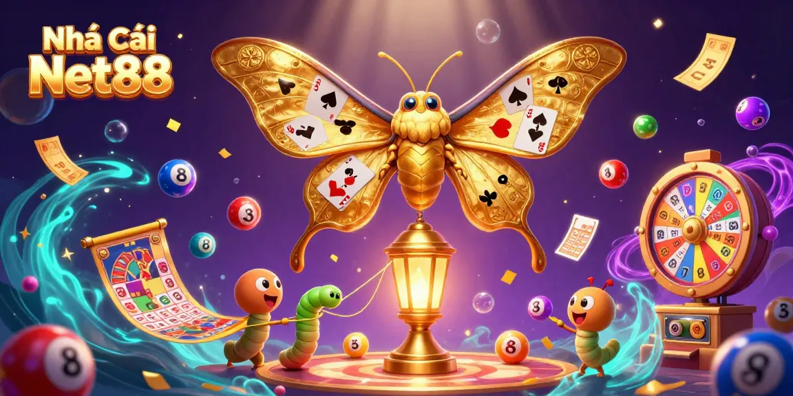 Experience the dynamic world of Nhà cái Net88 with colorful elements of casino games and vibrant illustrations.