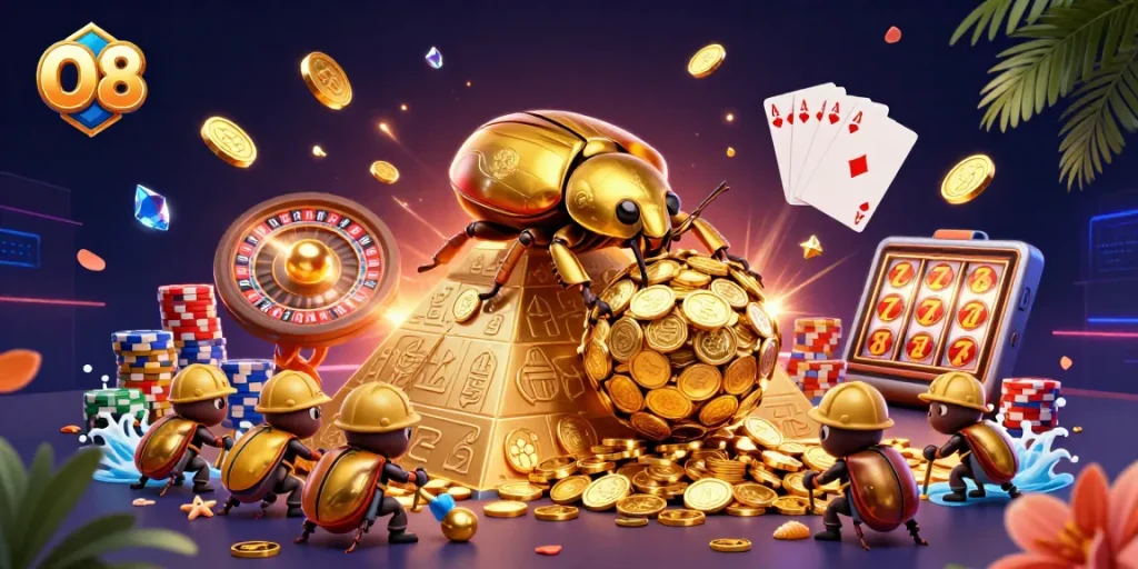 Experience O8's vibrant casino world, where golden beetles roll winnings in a captivating setting.