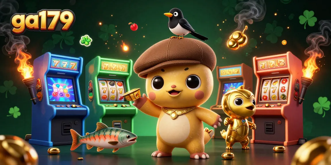 Engage in thrilling gambling at ga179 with cartoon Nessie, arcade elements, and vibrant casino themes.