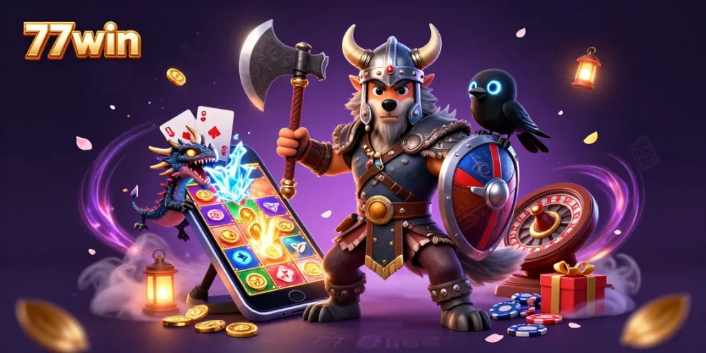 Win big at 77win with dynamic gaming action, showcasing animated characters and vibrant casino elements.