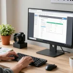 Focused professional using WPS Download software at modern desk with documents and tech gadgets