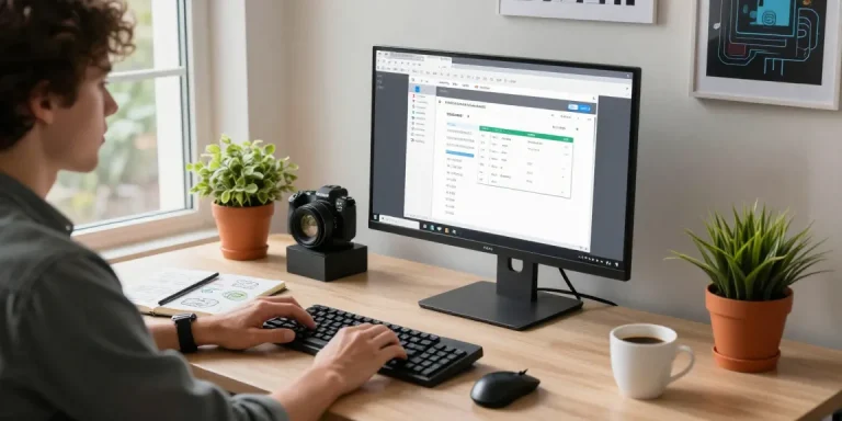 Focused professional using WPS Download software at modern desk with documents and tech gadgets