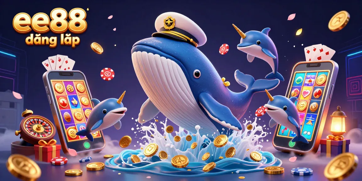 Play and win at ee88 đăng nhập while enjoying playful dolphins and a giant whale in a vibrant casino scene.