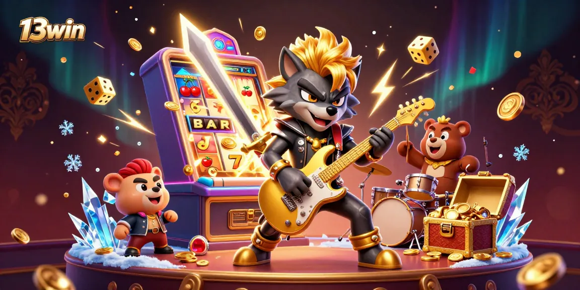 Experience the excitement of 13win with a dynamic casino scene featuring a rock star wolf and drummer bear.