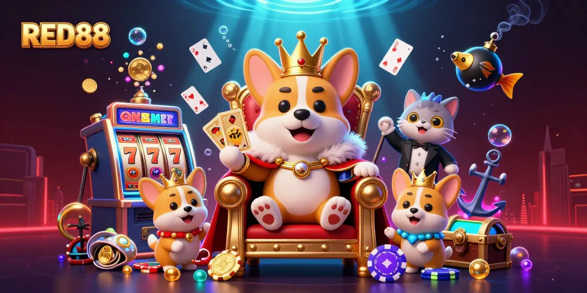 Engage with RED88's vibrant casino experience featuring exciting elements like slot machines, cards, and royal characters.