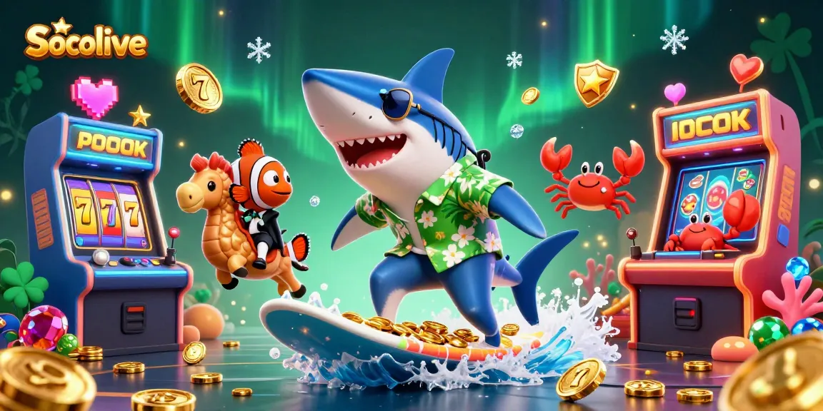 Socolive entertains viewers with a vivid 3D casino scene featuring a shark and clownfish amidst slot games and gold coins.