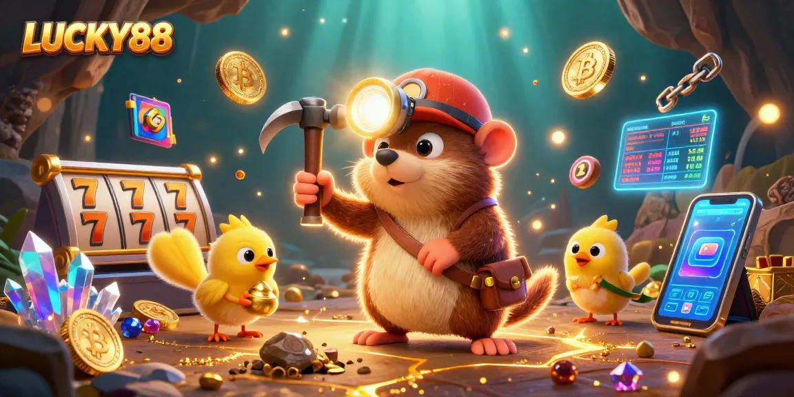 Spin the reels on LUCKY88 while a treasure hunter mole uncovers riches in a vibrant casino cave.