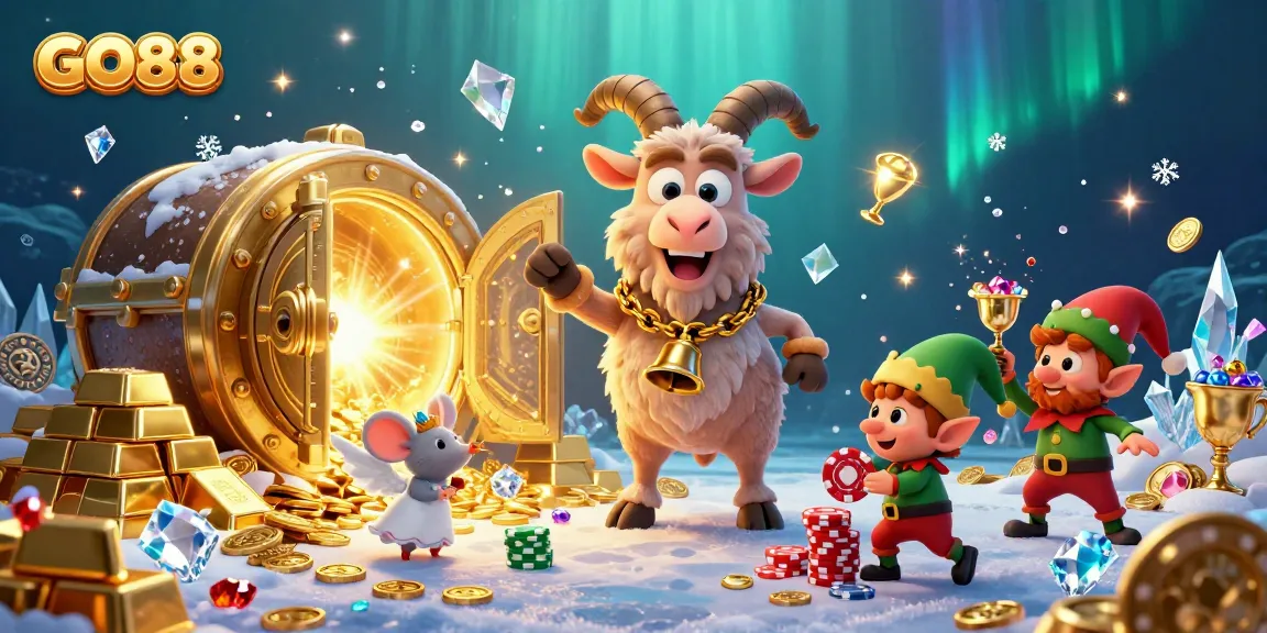Engage with exciting GO88 casino gameplay amid a festive illustration of Krampus, angel mouse, and elf gremlins.