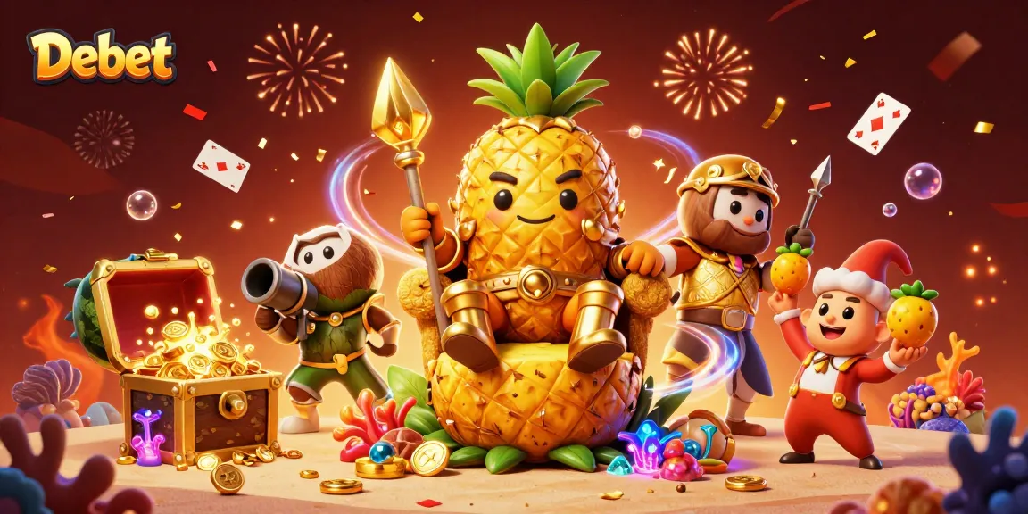 Engage with Debet's exciting beach casino scene featuring a golden pineapple king and dynamic game elements.