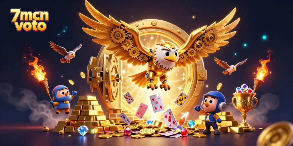Experience exciting gameplay with 7mcn voto as a cybernetic eagle dives through holographic cards surrounded by treasures.