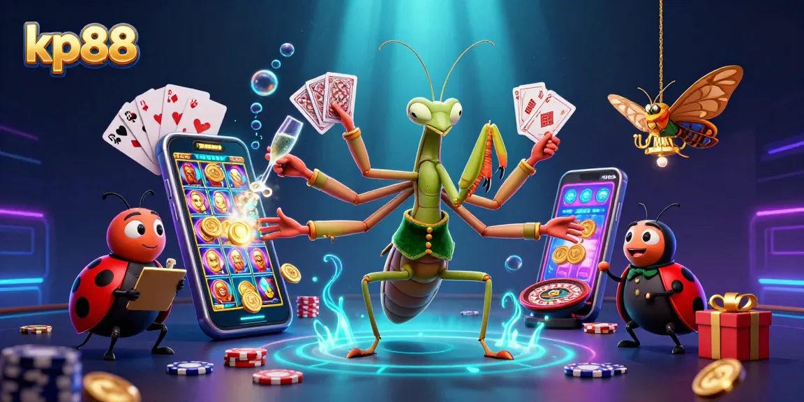 Experience exciting gaming at kp88 with a giant mantis dealer, slot games, and vibrant casino elements.