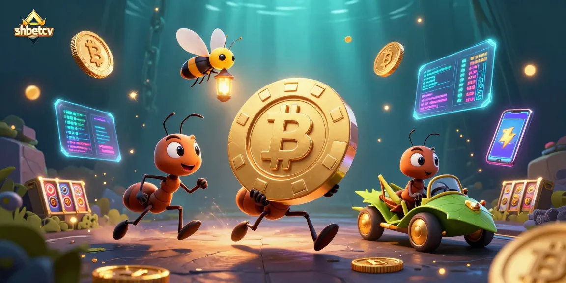 shbetcv showcases a thrilling heist with cartoon ants, golden poker chip, and vibrant casino elements.
