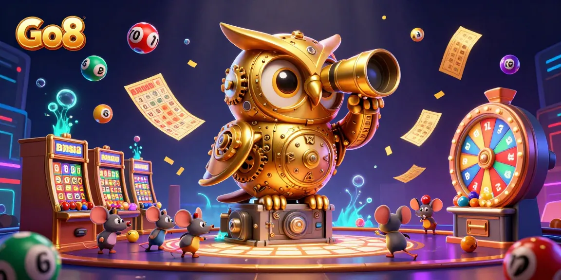 Go8 features an animated clockwork owl scanning a colorful casino realm filled with dynamic game elements.