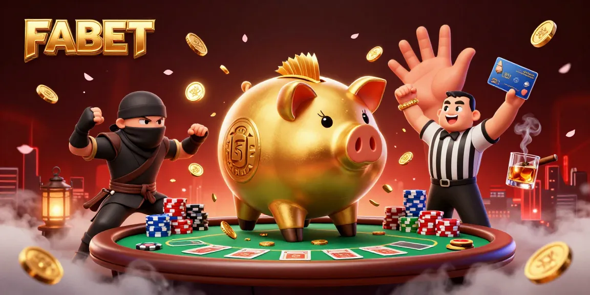 FABET inspires players with online casino excitement showcasing a golden piggy bank sumo wrestler.