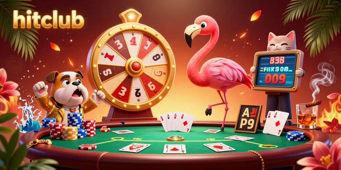 Spin the giant prize wheel at hitclub with a 3D cartoon flamingo, bulldog, and colorful poker elements.