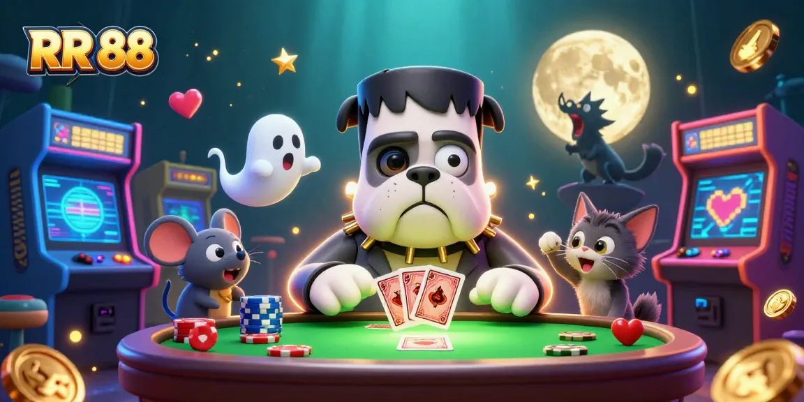 Play exciting games at RR 88 with a 3D cartoon illustration featuring a Frankenstein bulldog dealer.