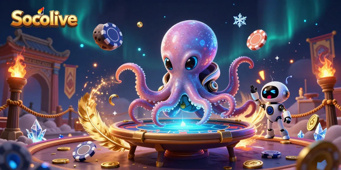Socolive showcases a dazzling alien octopus at a holographic poker table amid floating chips.