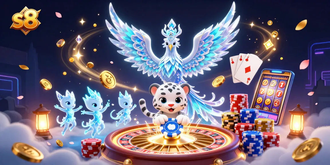 S8 captures thrilling casino excitement with an ice phoenix, vibrant poker chips, and dazzling gems.