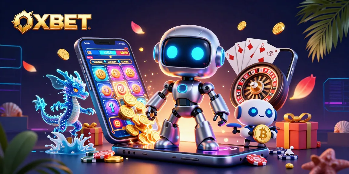 Engage with OXBET's thrilling gaming universe featuring a cyberpunk robot and holographic dragon.