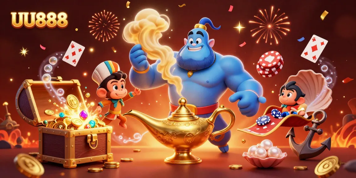 Experience exciting gameplay at UU888 with a genie, poker chips, and treasure galore.