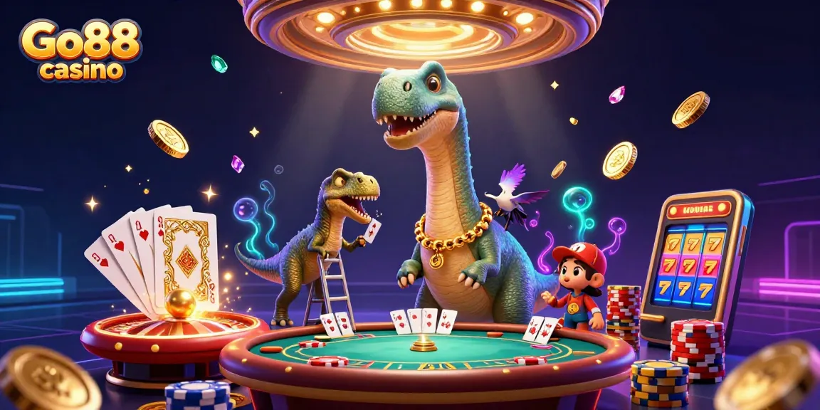 Experience live gaming action with Go88 casino, featuring a tall dinosaur and dealer at an exciting poker table.