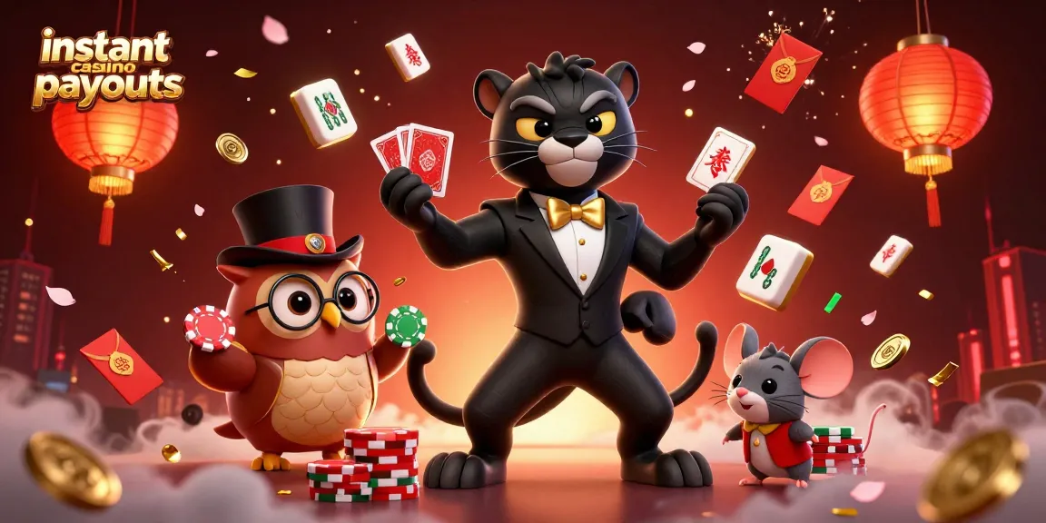 Engage with instant casino payouts as a stylish tuxedo panther deals cards amid festive elements.