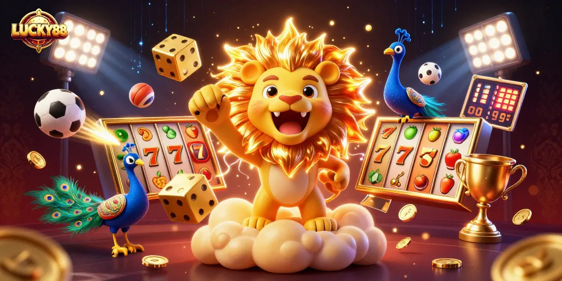 Spin and win big on LUCKY88 slot with golden dice and roaring lion in a vibrant casino scene.