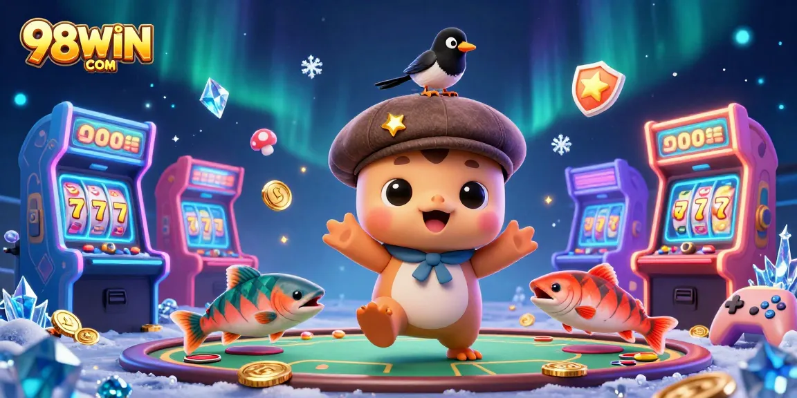 Engage in thrilling gaming at 98WIN COM with a playful casino-themed illustration featuring adorable characters.