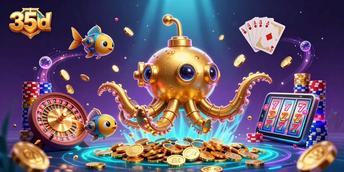 Experience the thrilling marine world of 35bd with a glowing kraken submarine amidst golden coins and casino treasures.